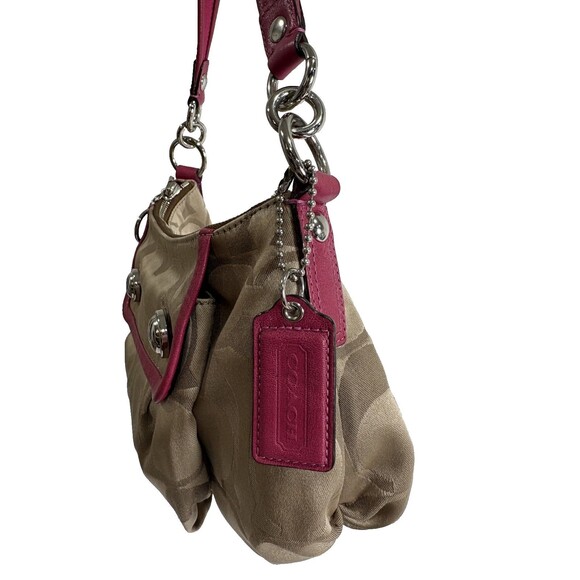 Coach Signature C Satchel Beige / Leather Hot Pink Trim Arm Handbag Crossbody - Picture 7 of 10